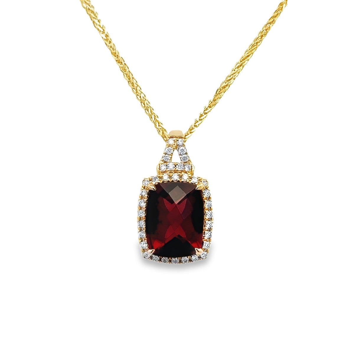 Lady's Yellow 14 Karat Elongated Halo Necklace Length 18 With One 3.86Ct Retangular Cushion Garnet And 0.16Tw Round G/H Si1 Diamonds