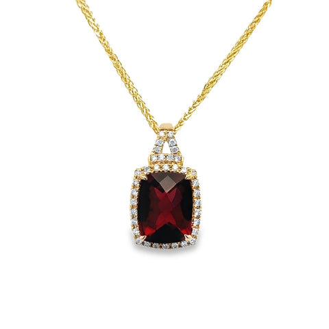 Lady's Yellow 14 Karat Elongated Halo Necklace Length 18 With One 3.86Ct Retangular Cushion Garnet And 0.16Tw Round G/H Si1 Diamonds