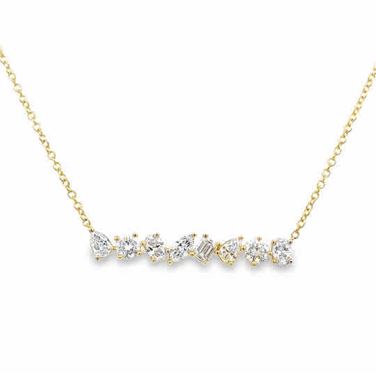 Lady's Yellow 14 Karat Alternating Bar, Stationary Lab Created Necklace 8 = 1.00tw Various Shapes G/H SI1 Lab Created Diamonds Style: Link
Metal: 14 Karat
Color: Yellow
Finish: Polished