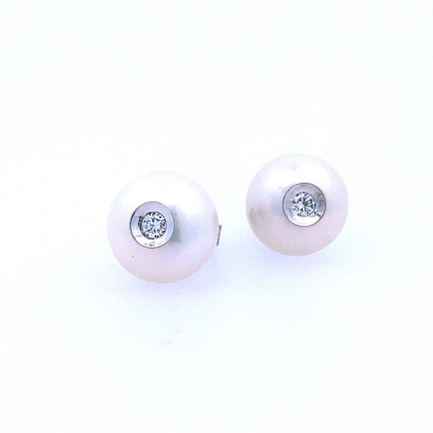 Lady's White 14 Karat Bezel Set, Earrings With 2=0.08Tw Round Diamonds And Fresh Water White Pearls
