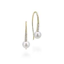 Lady's Yellow 14 Karat Drop Fashion Earrings Earrings With 2= Fresh Water Pearls And 0.07Tw Round H/I Si2 Diamonds