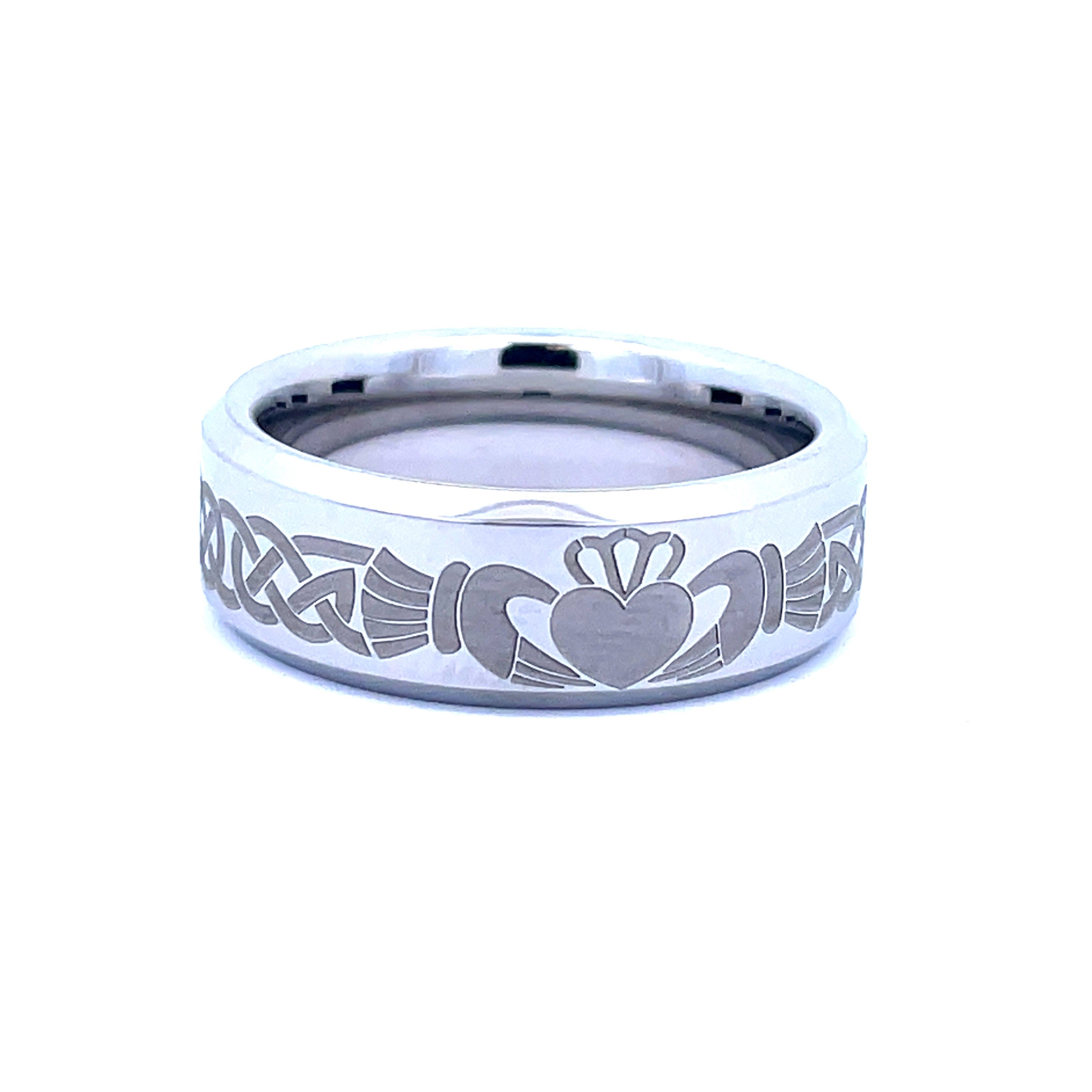 White Serenium 8Mm, Beveled Edge With Laser Claddagh Pattern Wedding Band Size 10.5