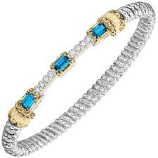 Lady's Tt 14K/Sterling Silver 3Mm Closed Band With Three Station Center Bracelet With 3=5.00X3.00Mm Emerald Blue Topazs And 0.12Tw Round G/H Si1 Diamonds