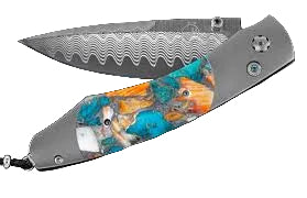 Limited Edition "B12 Ocean Breeze" William Henry Knife with Signature Wave Style Damascus Steel Blade, with VG-10 Steel Core and Aerospace Grade Titanium, Turquoise, and Spiny Oyster Frame.