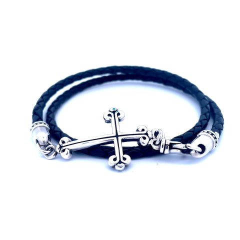 White Sterling Silver Thin Braided Leather Traditional Cross Double Wr