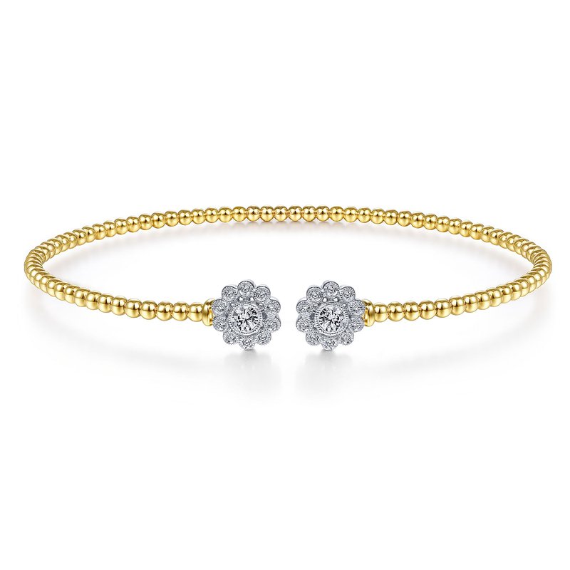 14k White and Yellow Gold Bujukan Split Cuff Bracelet with Diamond Flowers, Bujukan Collection