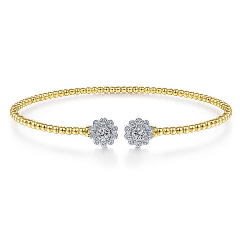 14k White and Yellow Gold Bujukan Split Cuff Bracelet with Diamond Flowers, Bujukan Collection