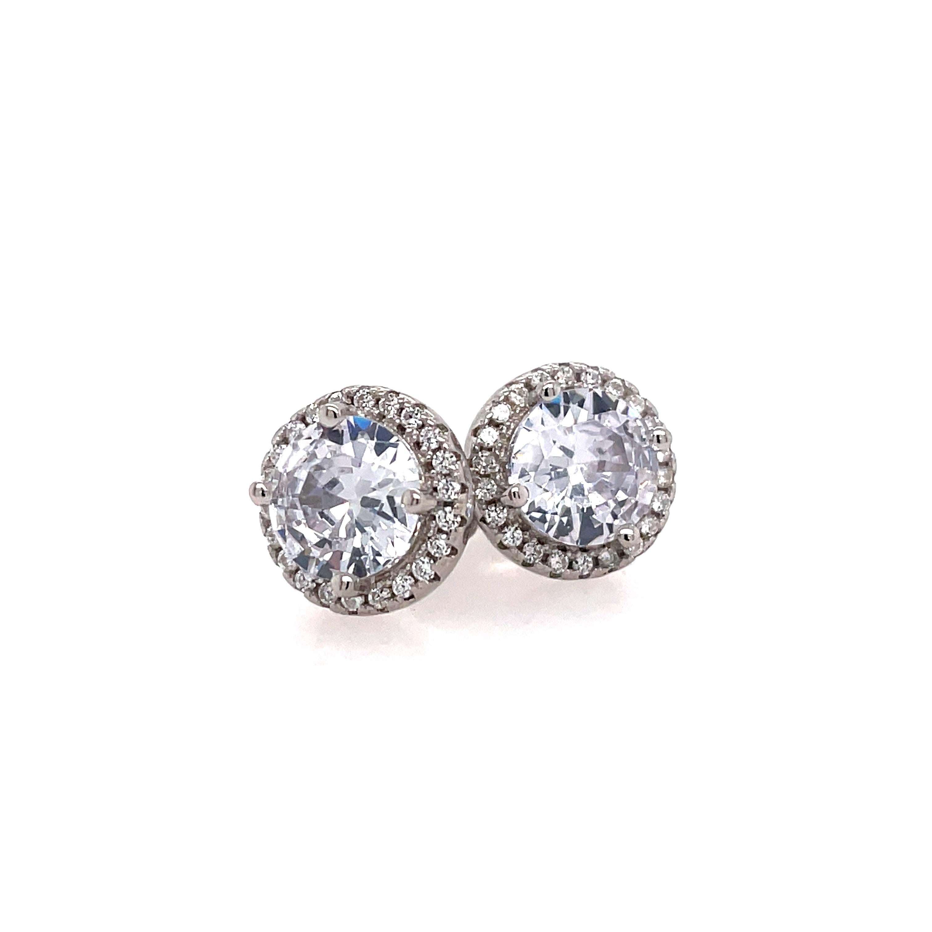 White Polished Sterling Silver Round Halo Stud Earrings Jewelry With R