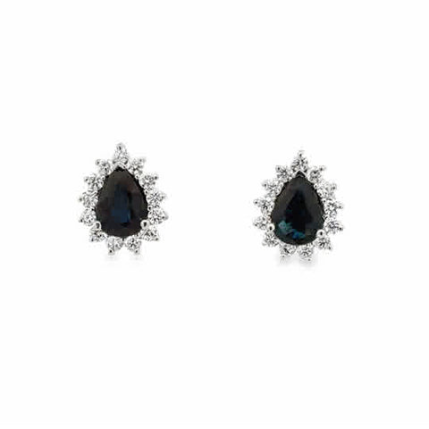 14 Karat White Gold Halo Fashion Earrings with Pear Cut Sapphires,  and Round Brilliant Cut Diamonds