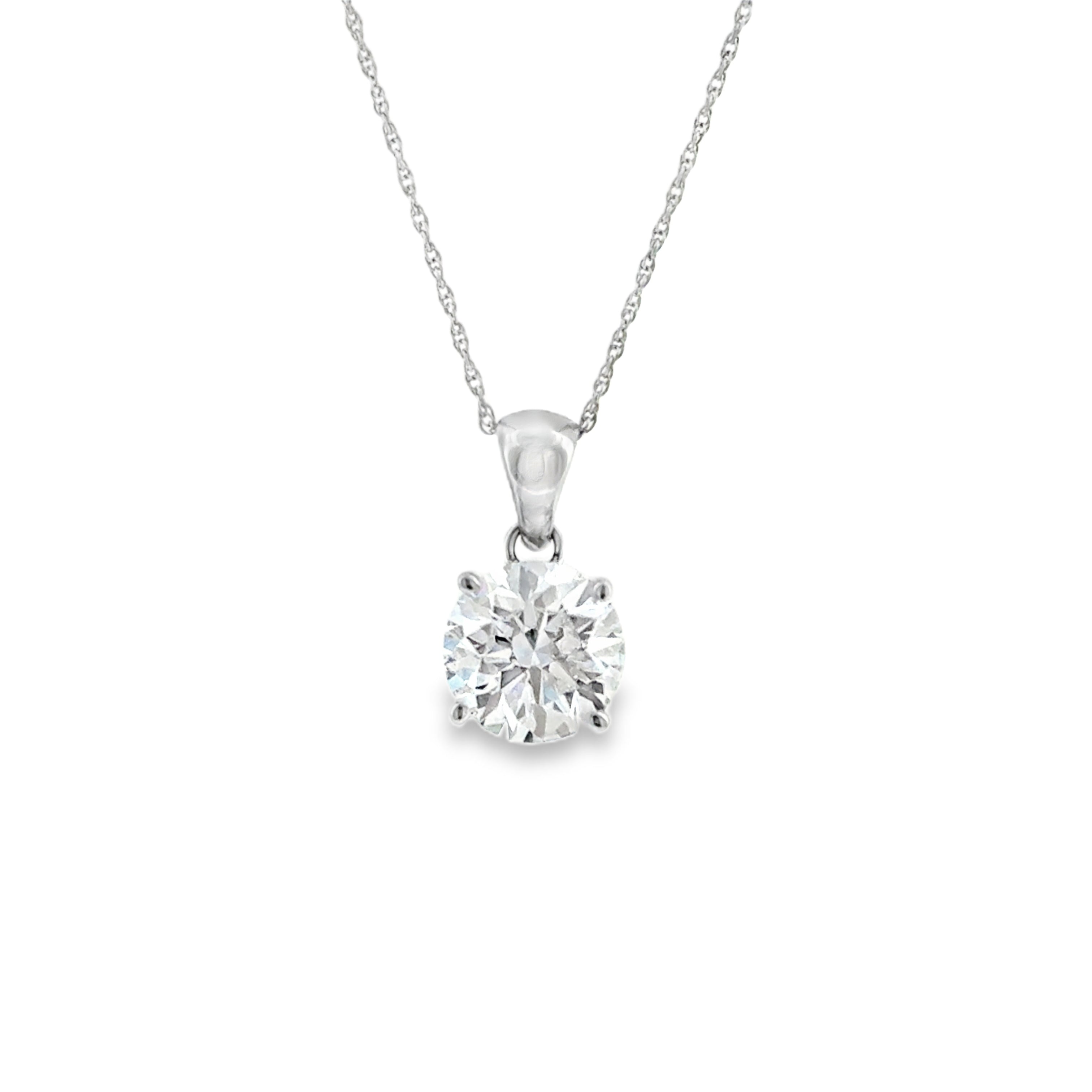 Lady's White 14 Karat Four Prong Solitaire Pendant Lab Created Necklace With One = 2.00Ct Round F/G Vs2 Lab Created Diamond