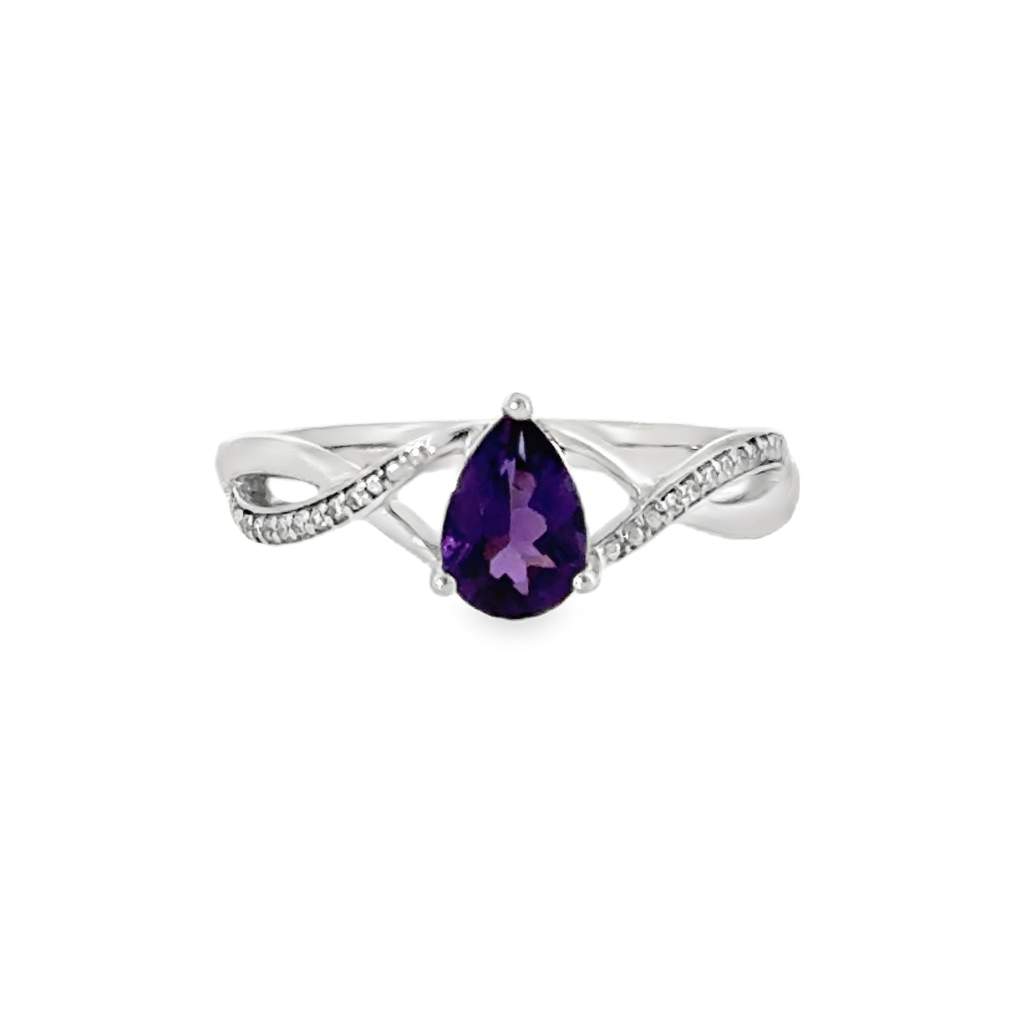 Sterling Silver Twist Ring with .83ctw Pear Cut Amethyst and .05ctw Round Brilliant Cut Diamonds
