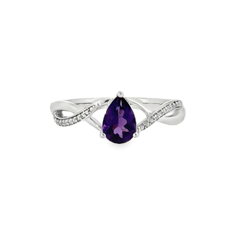 Sterling Silver Twist Ring with .83ctw Pear Cut Amethyst and .05ctw Round Brilliant Cut Diamonds