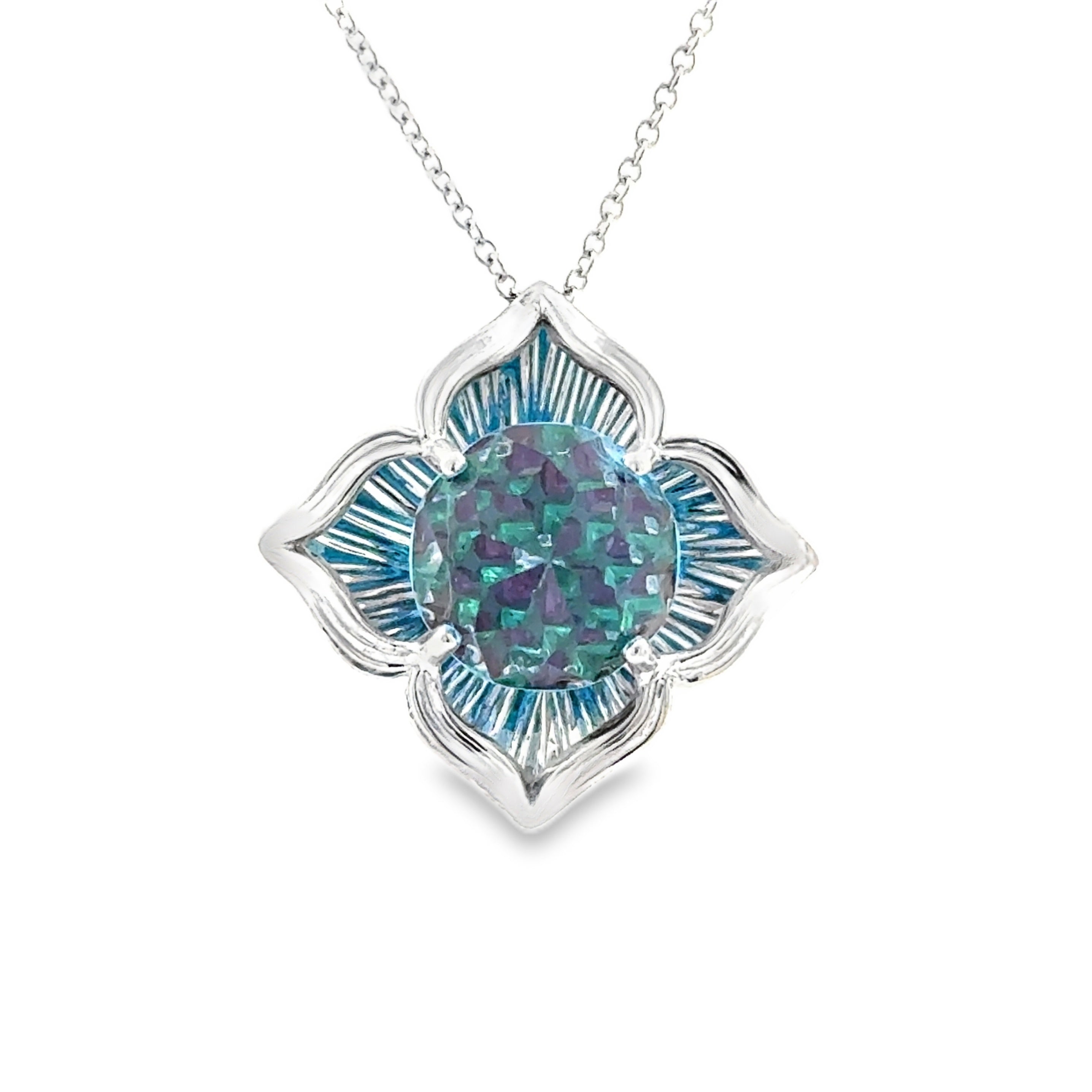 Ladies 14k White gold DavinChi Cut Pendant with One 10mm Blue Topaz with 0.02ctw Ruby and Emerald Under