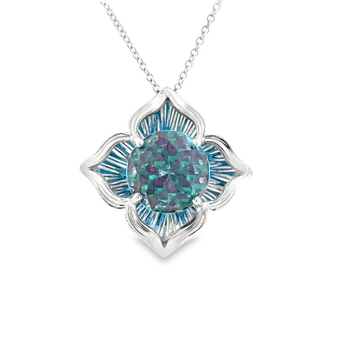 Ladies 14k White gold DavinChi Cut Pendant with One 10mm Blue Topaz with 0.02ctw Ruby and Emerald Under