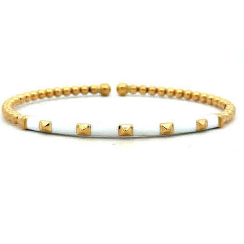 14K Yellow Gold Bujukan Beads and Pyramid Split Bangle with White Enamel