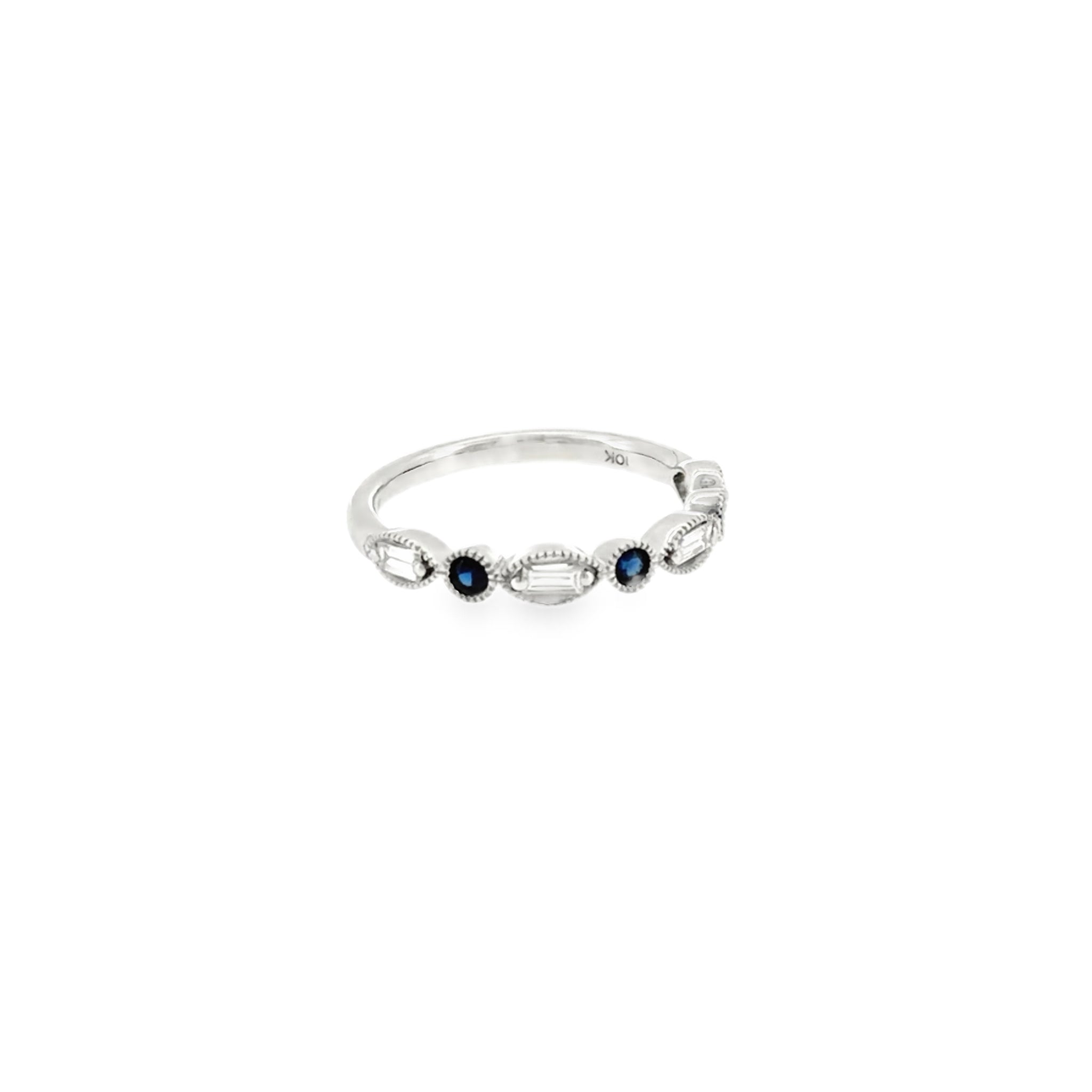 10 Karat White Gold Scallop Style Anniversary Ring with Round Sapphires and Baguette Cut Diamonds