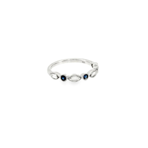 10 Karat White Gold Scallop Style Anniversary Ring with Round Sapphires and Baguette Cut Diamonds
