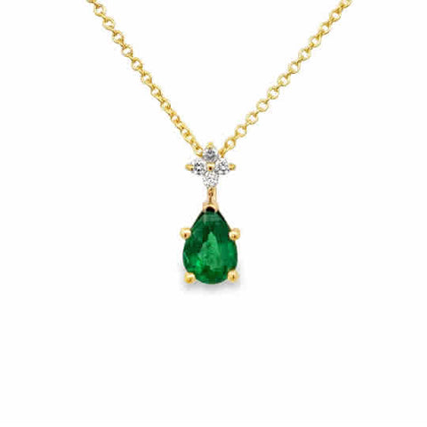 14 Karat Yellow Gold Pendant with 7x5mm, "AA" Pear Cut Emerald, with Round Brilliant Cut Diamonds