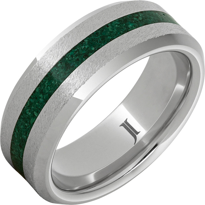 White Serinium 8Mm Beveled Edge With 2Mm Malach Inlay Wedding Band Size 10