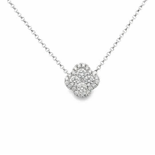 Lady's White 18 Karat Clover With Diamond Halo Necklace Length 16 With
