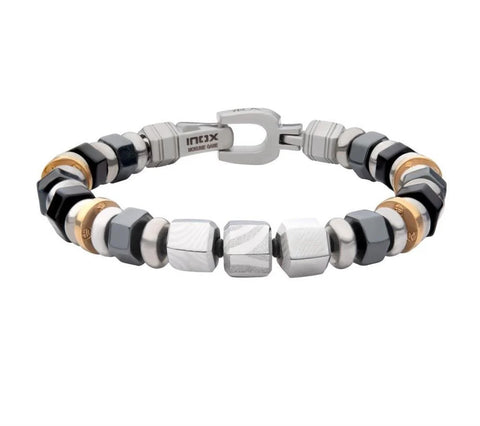 Gent's Stainless Steel 8mm Mokume Gane, Hematite And Onyx Beads Bushido Virtue Bracelet