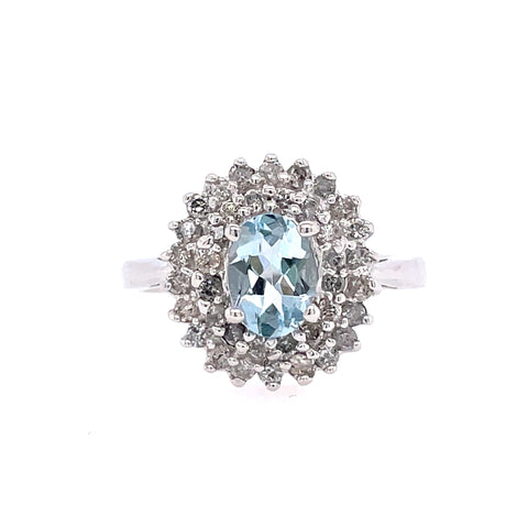 White 14 Karat Double Halo Fashion Ring Other With One 0.65Ct Oval Aqu