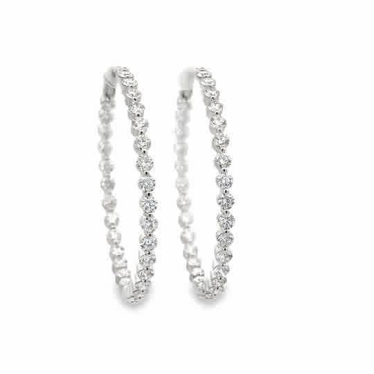 Lady's White 18 Karat Single Shared Prong 2" Hoop With Lever Back Earr