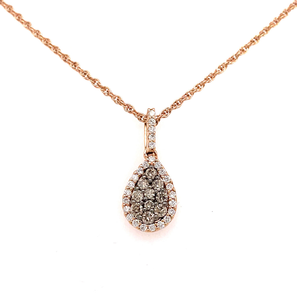 Lady's Rose 14 Karat Pear Pave' Necklace With = 0.25Tw Round Chocolate