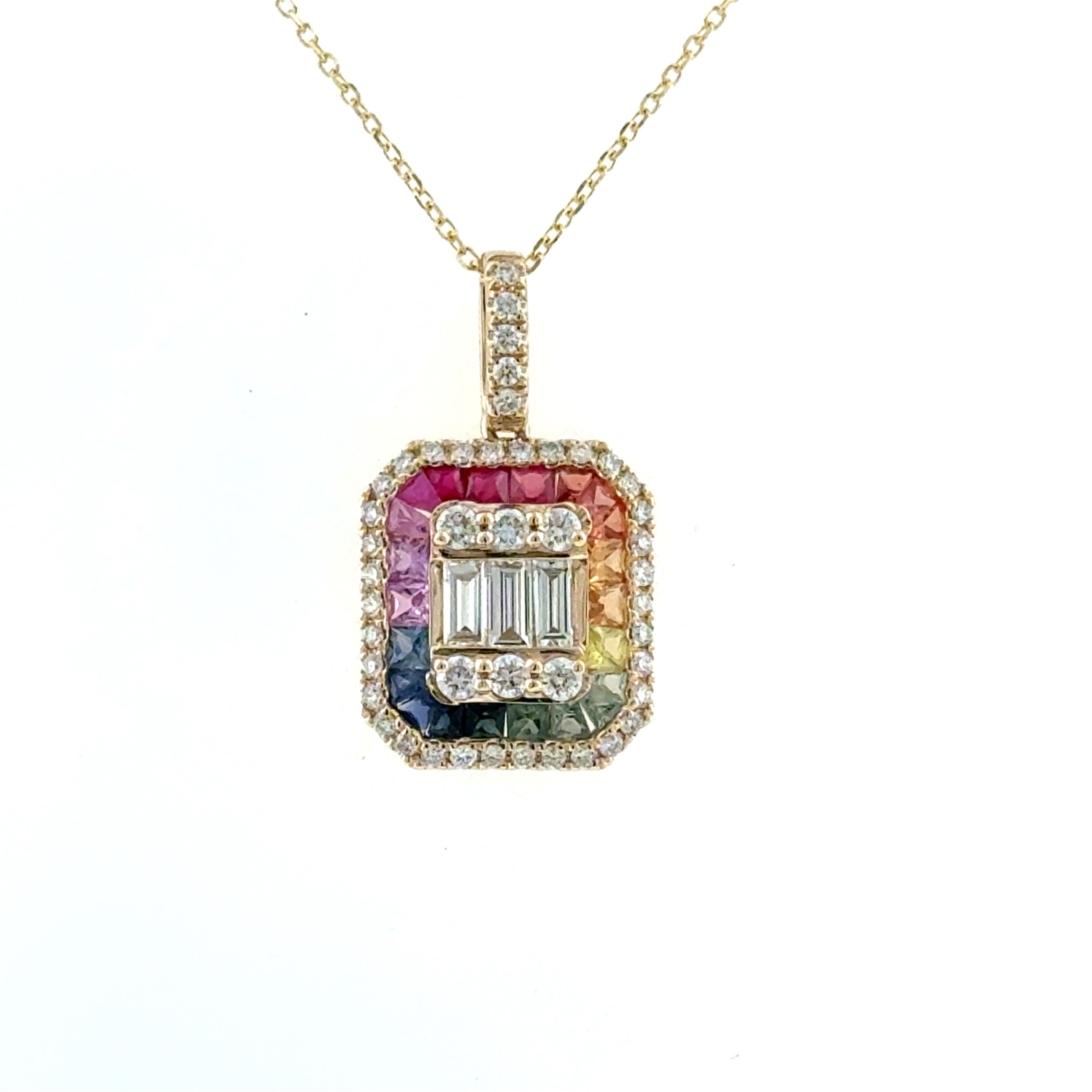 14 Karat Fashion Pendant with Sapphires and Round and Baguette Cut Diamonds