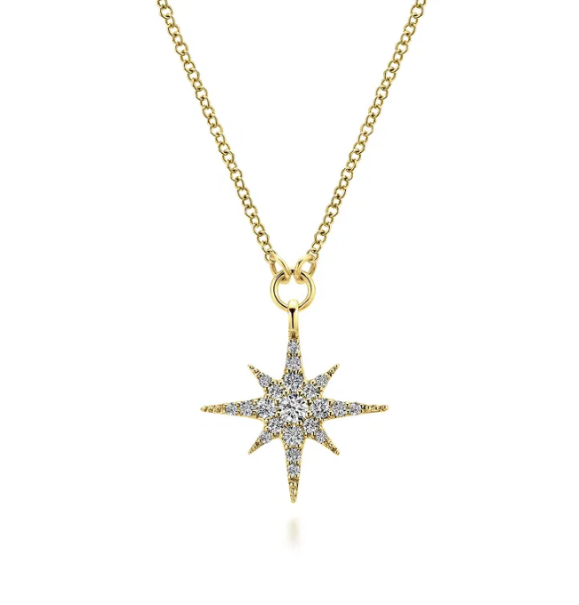 14K Yellow Gold Diamond Starburst Pendant Necklace with .26ctw Round Diamonds