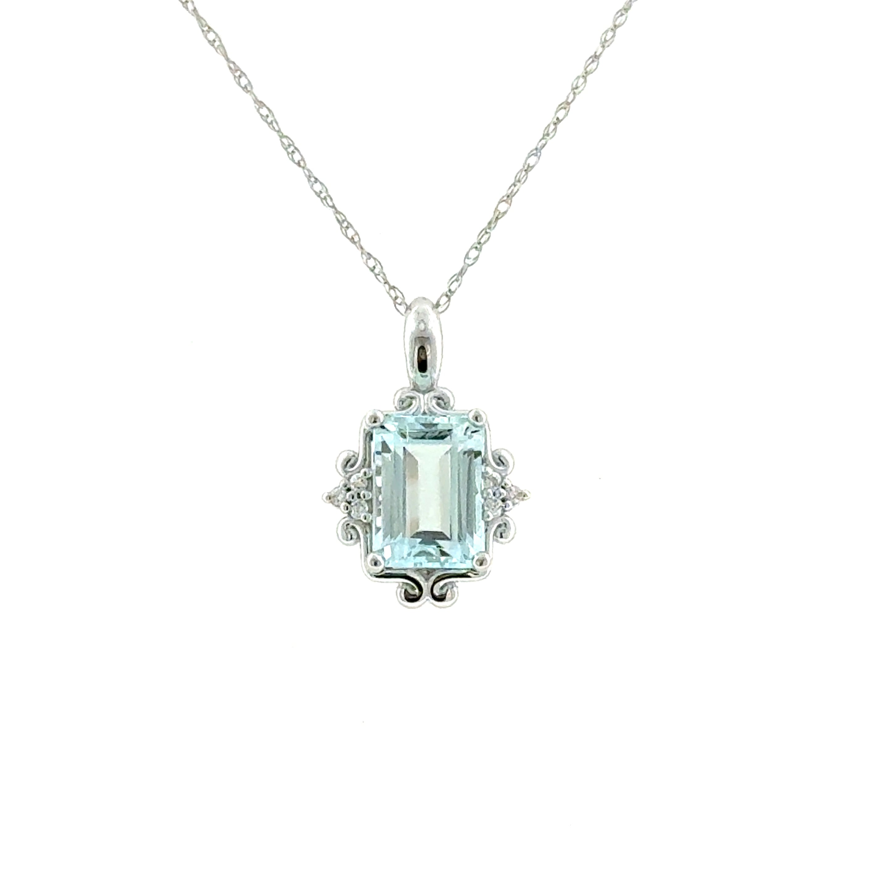 14 Karat White Gold Vintage Style Pendant with 1.52ct Aquamarine and .02ctw Diamonds