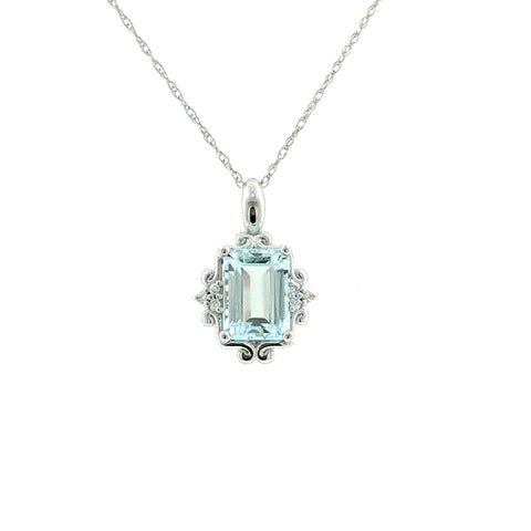 14 Karat White Gold Vintage Style Pendant with 1.52ct Aquamarine and .02ctw Diamonds