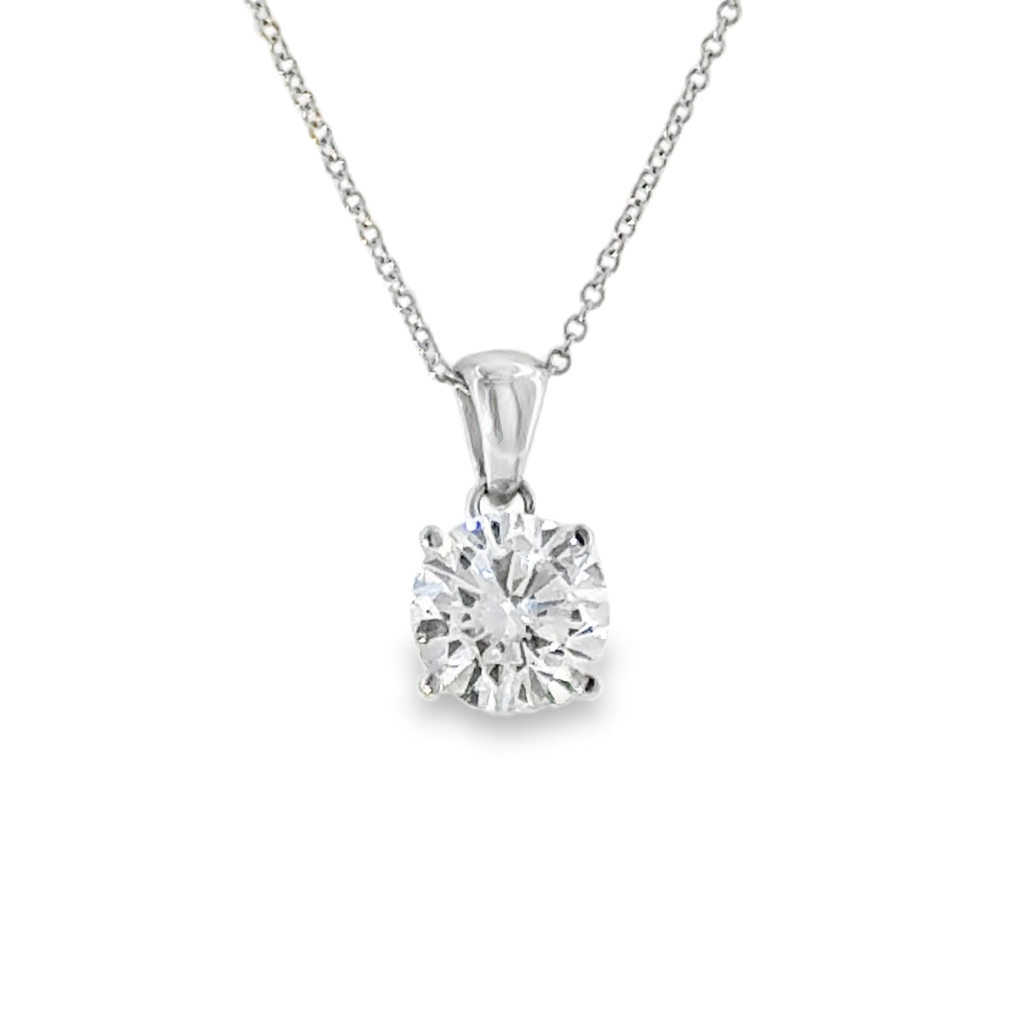 Lady's White 14 Karat Four Prong Solitaire Pendant Lab Created Necklace With One = 2.00Ct Round F/G Vs2 Lab Created Diamond