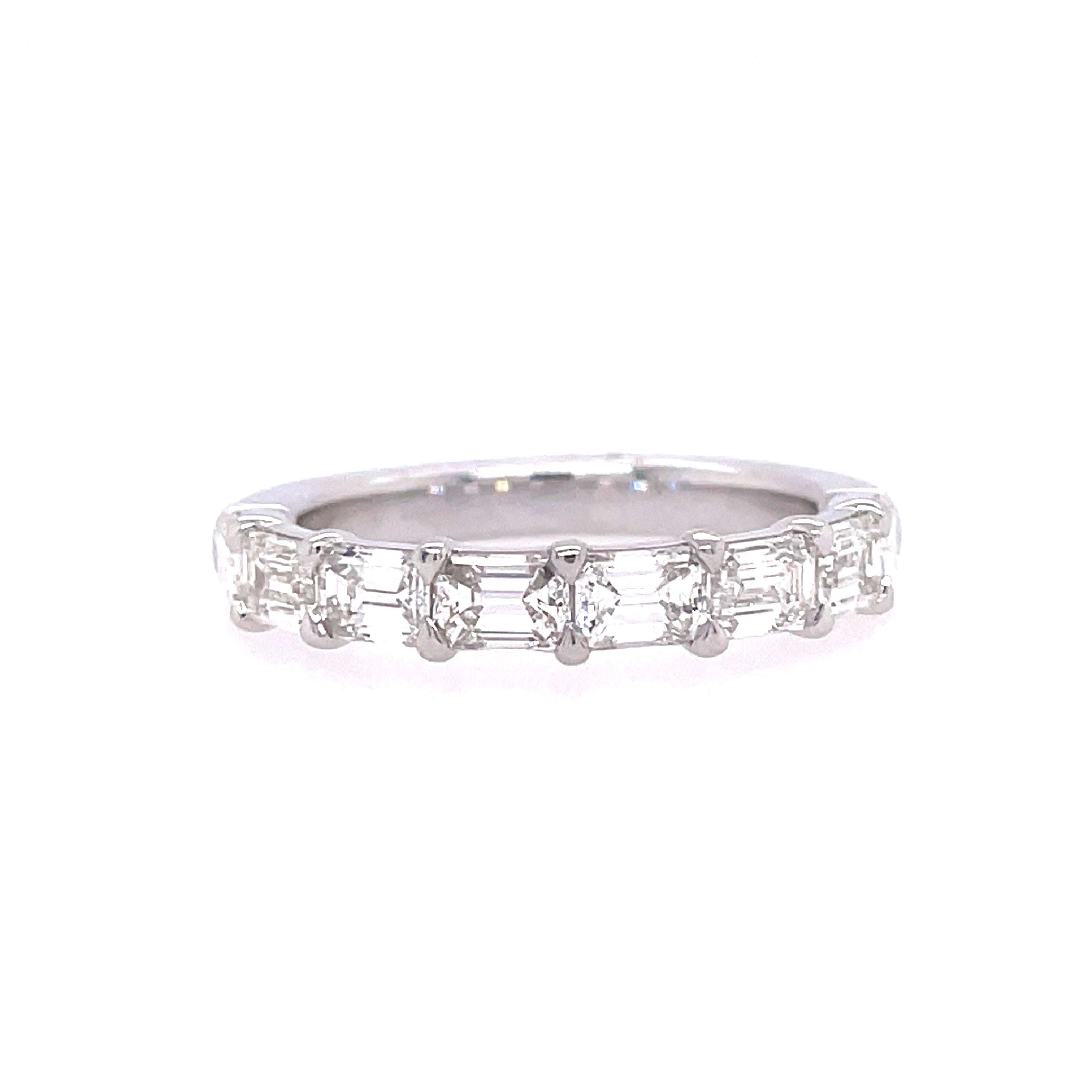 Lady's White 14 Karat Buttercup Half Way Band, Set Horizontally Anniversary Ring Size 6 With 8=1.62Tw Emerald G/H Vs2 Diamonds