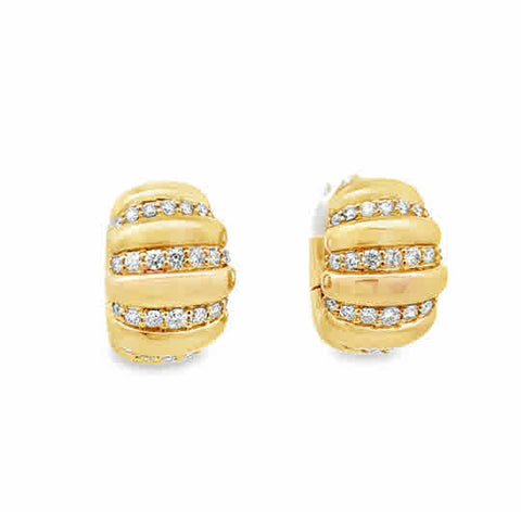 14 Karat Yellow Gold Ripple Hoops with Round H/I Si2 Diamonds