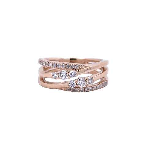 Lady's Yellow 14 Karat Multi Row Crossover Fashion Ring Size 6.5 With 0.53Tw Round G/H Si1 Diamonds