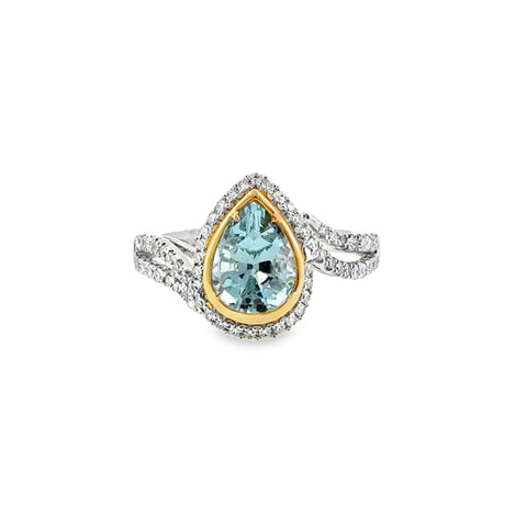 14 Karat White and Yellow Gold Halo Fashion Ring with 1.36ct Aquamarine and .31ctw Round Diamonds