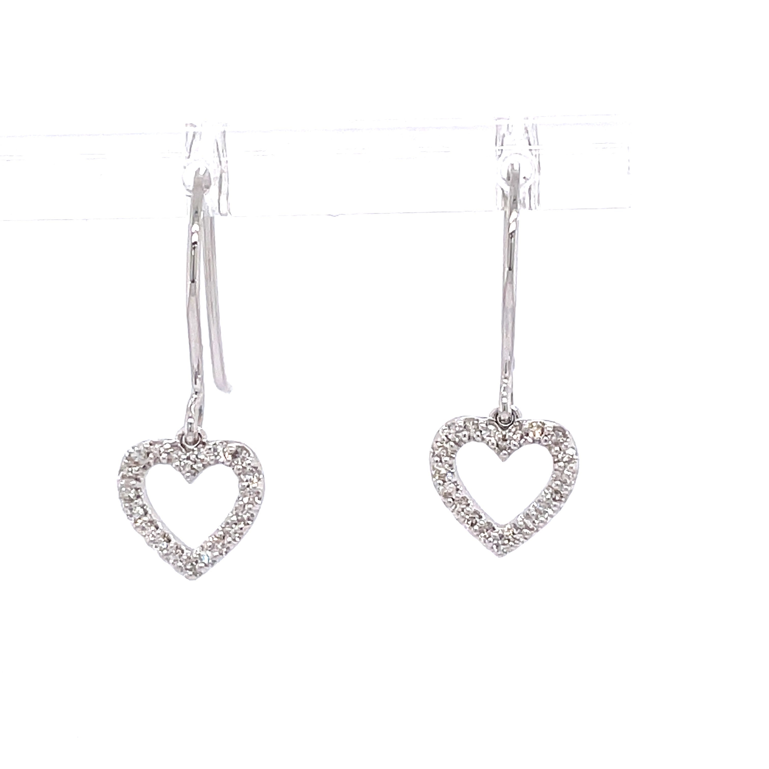 Lady's White 10 Karat Heart Dangle Fashion Earrings 40=0.15tw Round I I1 Diamonds