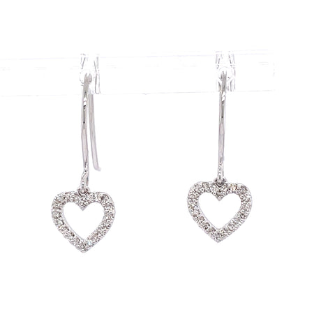 Lady's White 10 Karat Heart Dangle Fashion Earrings 40=0.15tw Round I I1 Diamonds