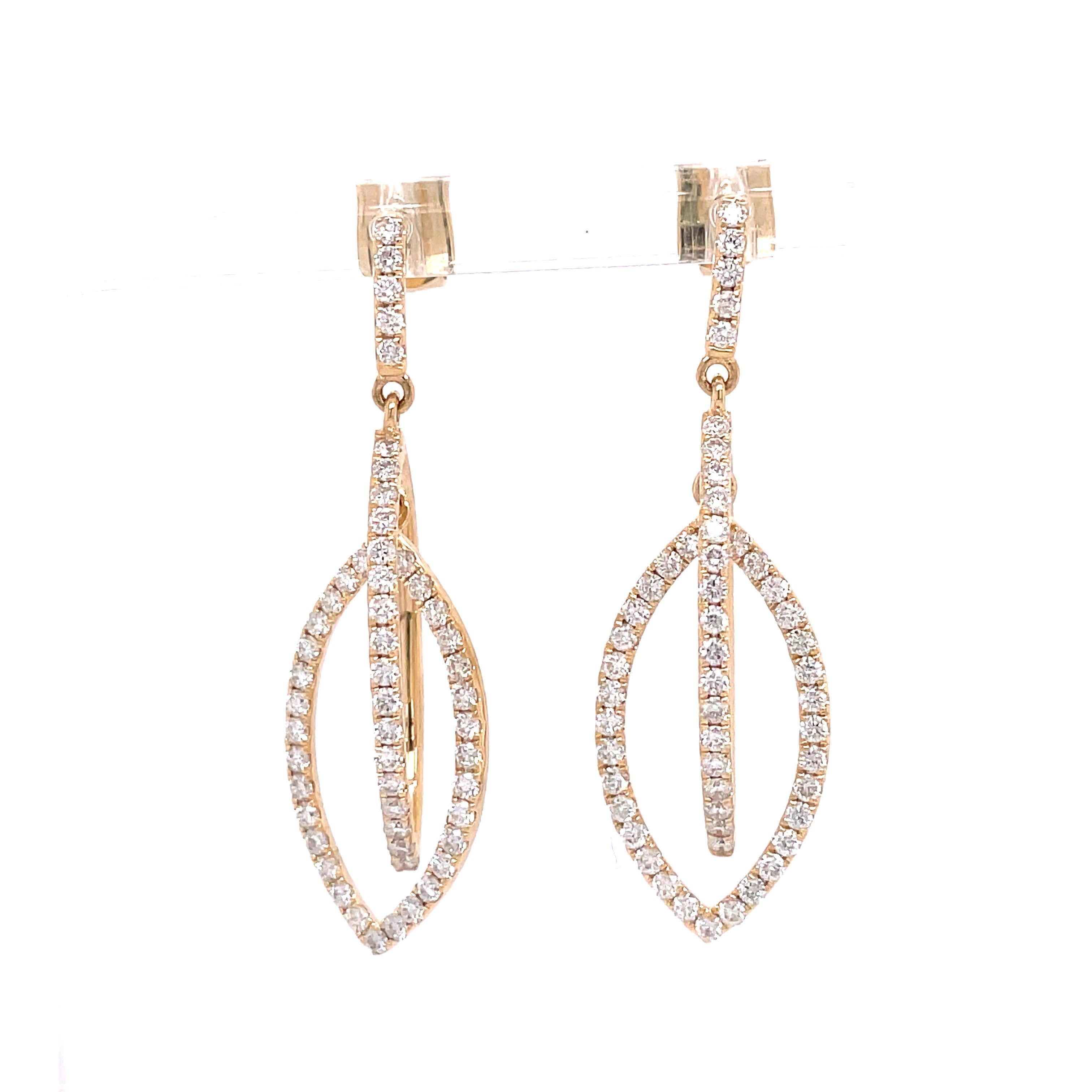Lady's Yellow Polished 14 Karat Marquise Dangle Earrings With 1.17Tw Round G/H Si1 Diamonds Weight: 3.7