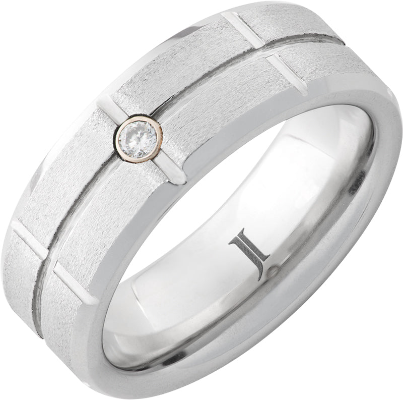White Serenium Stone Beveled Grid With Inlay Wedding Band Size 10.5 With One 0.06Ct Round G/H Si1 Diamond