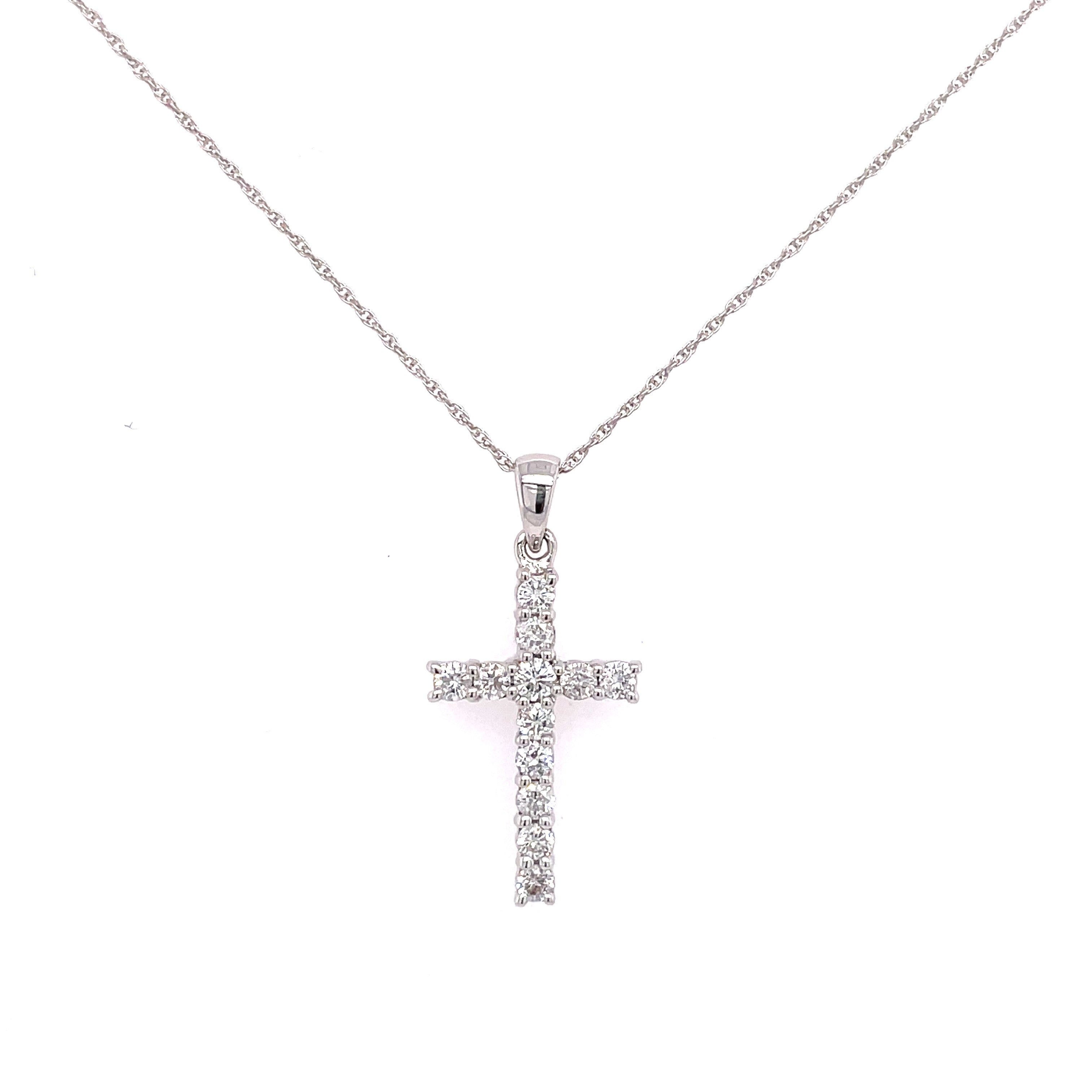 Lady's White 14 Karat Prong Set Cross Pendant Length 18 With 0.45Tw Round H/I Si2 Diamonds