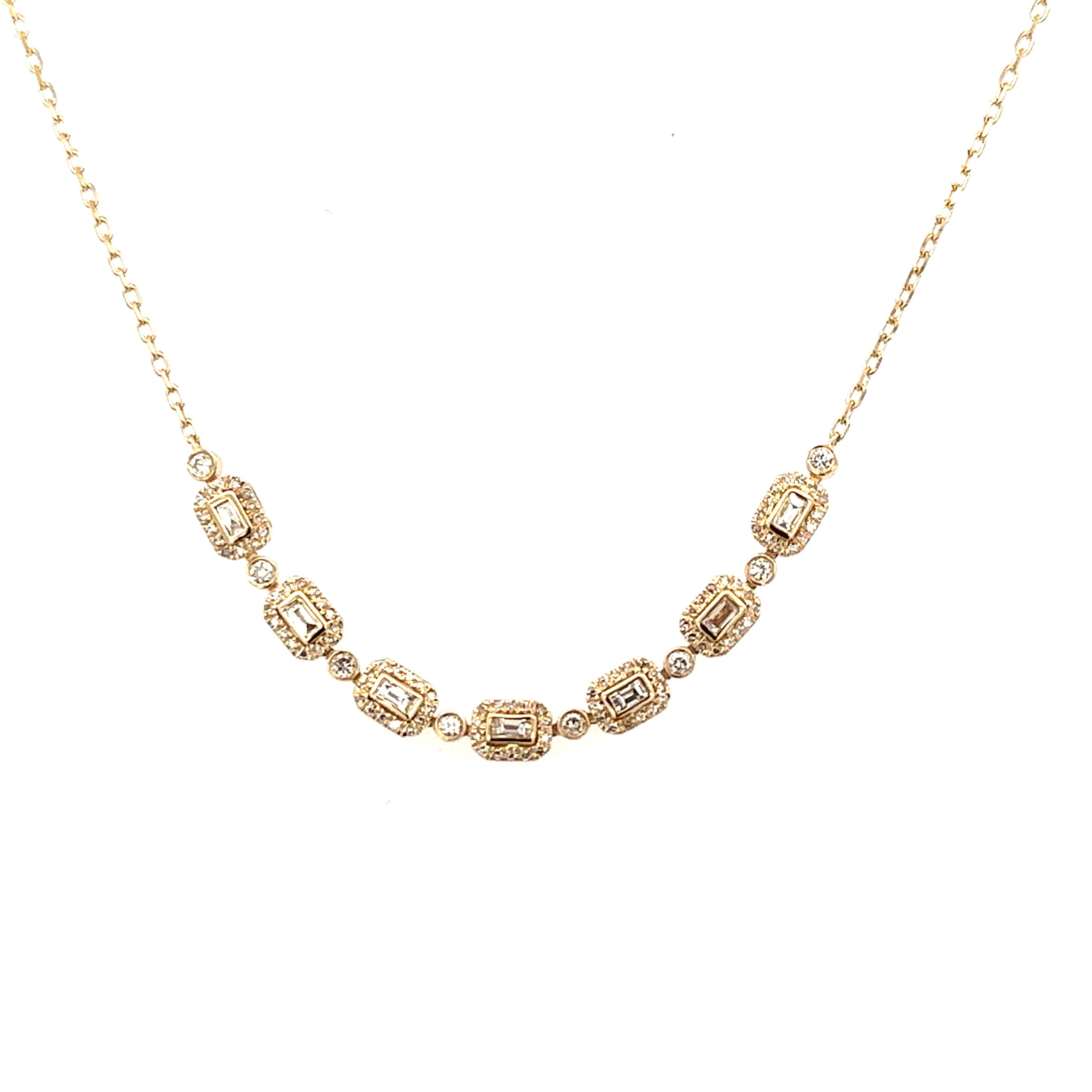 Lady's Yellow 14 Karat Bezel, Halo Link Necklace With 113=0.50Tw Various Shapes H/I Si2 Diamonds
