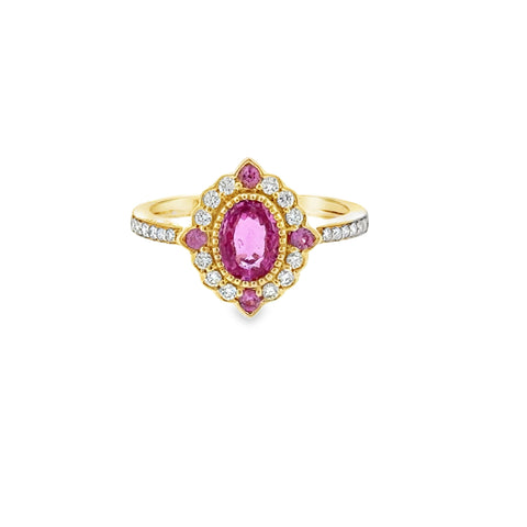 14 Karat Yellow Gold Modern Halo Fashion Ring with .92ctw Pink Sapphires and .23ctw Round Brilliant Cut Diamonds