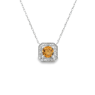 Lady's White 10 Karat Stationary, Cushion Halo Necklace With One 0.5Ct