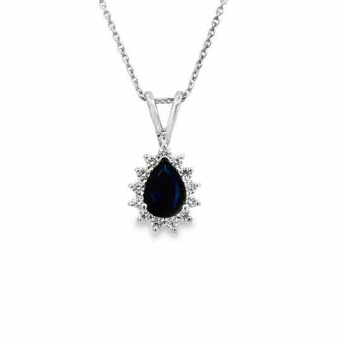 14 Karat White Gold Halo Pendant with 7x5mm, "A" Pear Cut Sapphire, with Round Brilliant Cut Diamonds