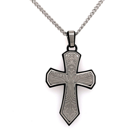 White Stainless Steel Engraved Cross On 3Mm Curb Chain, 22" Fashion Je