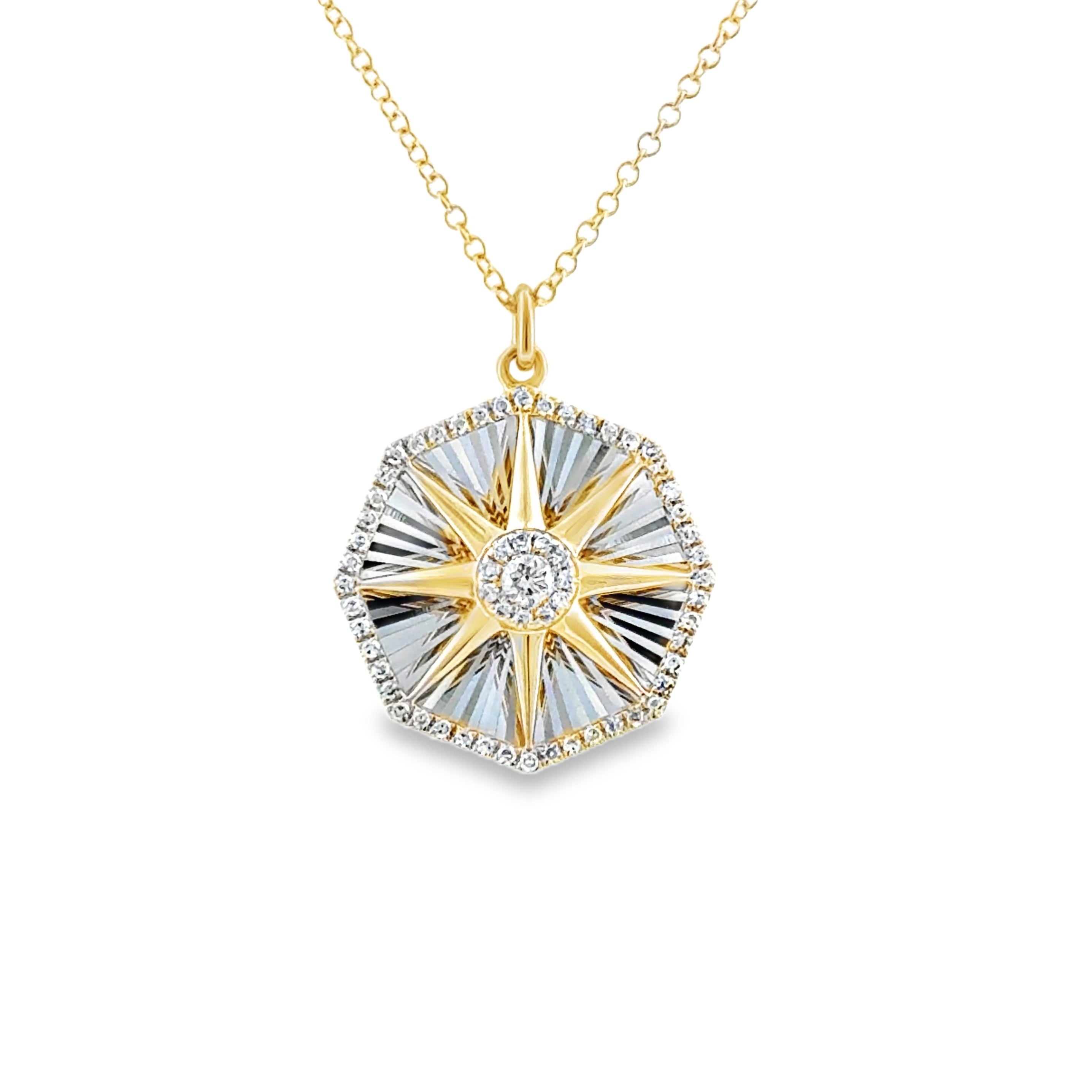 14 Karat White and Yellow Gold Starburst Pendant with .21ctw Round Brilliant Cut Diamonds