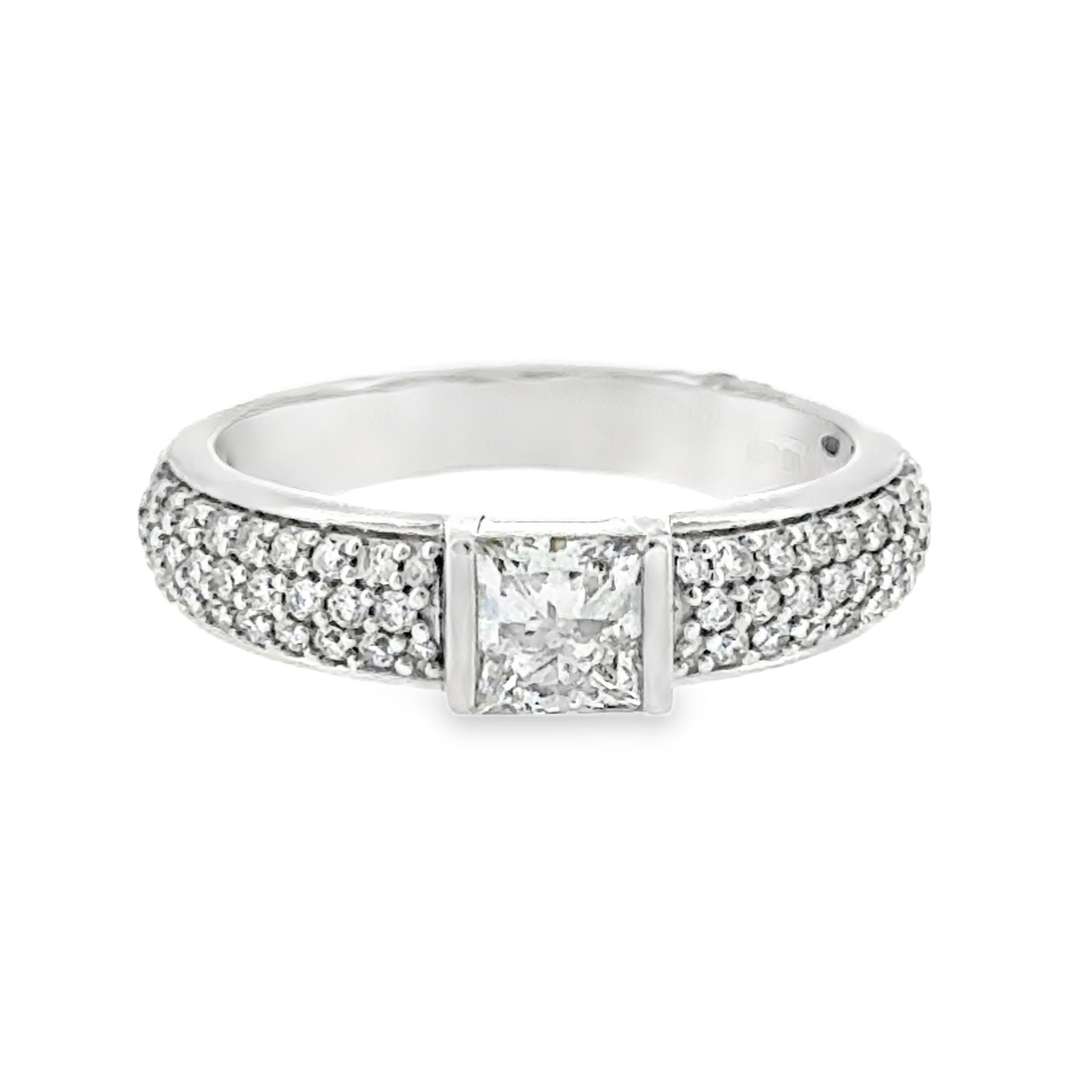 14 Karat White Gold Pave' Ring with One Princess Cut Lab Created Diamond and Round Lab Created Diamonds