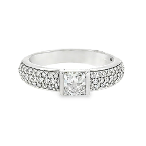14 Karat White Gold Pave' Ring with One Princess Cut Lab Created Diamond and Round Lab Created Diamonds